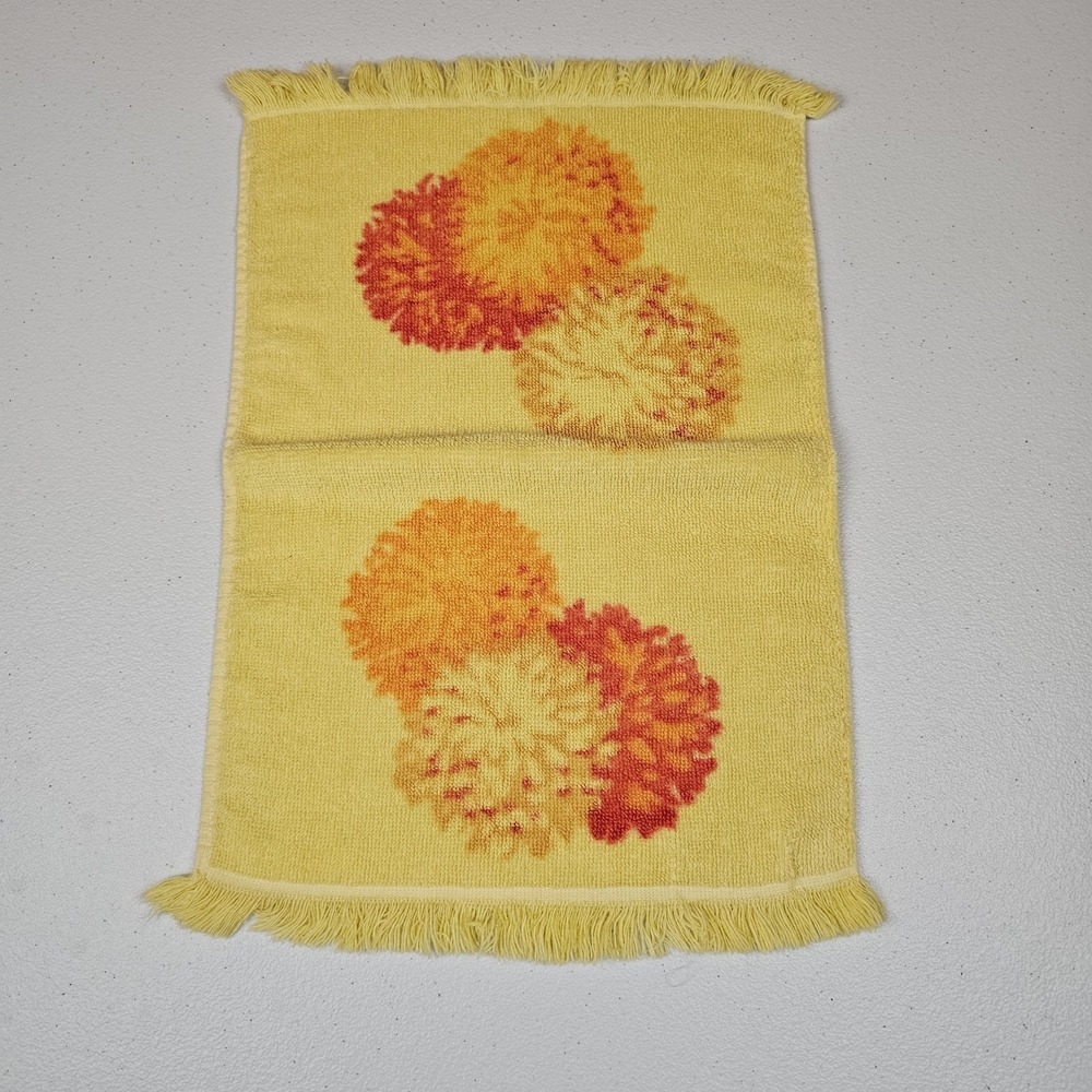 Vintage Martex Hand Towel Dahlia Floral Yellow Orange Fringe MCM Cotton USA